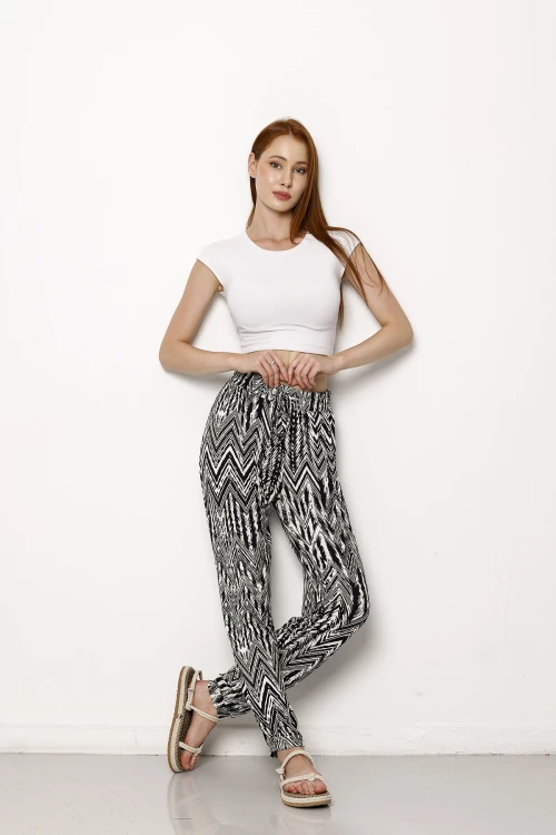 Beli Ve Paçası Lastikli Dar Paça Cepsiz Desenli Pantolon 1086