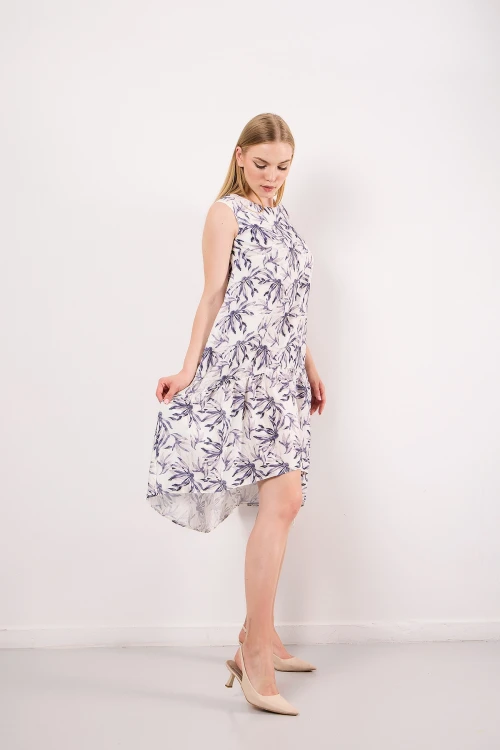 Bisiklet Yaka Sıfır Kol Eteği Fırfırlı Önü Kısa Arkası Uzun Desenli Elbise