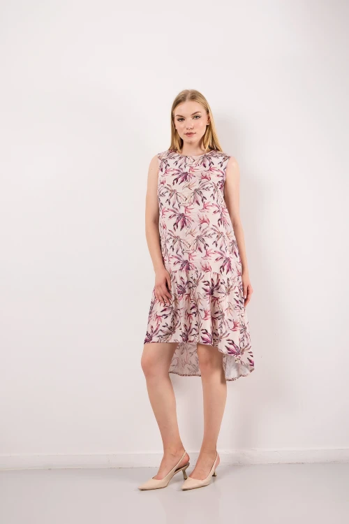 Bisiklet Yaka Sıfır Kol Eteği Fırfırlı Önü Kısa Arkası Uzun Desenli Elbise