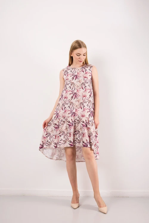 Bisiklet Yaka Sıfır Kol Eteği Fırfırlı Önü Kısa Arkası Uzun Desenli Elbise