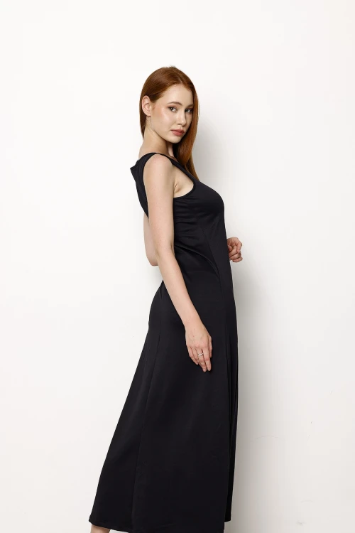 Bisiklet Yaka Sıfır Kol Önü Yırtmaç Detaylı Uzun Elbise 1112