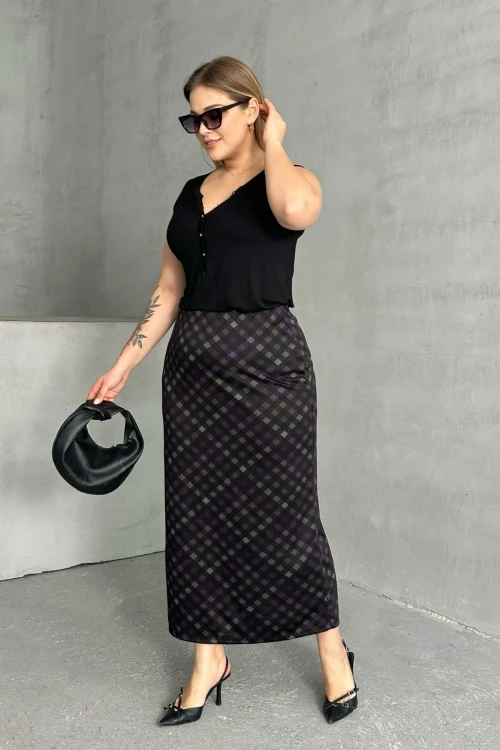 Büyük Beden Baklava Desenli Cepsiz Midi Boy Etek 302495