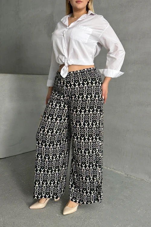 Büyük Beden Beli Lastikli Cepsiz Desenli Geniş Paça Pantolon 303309