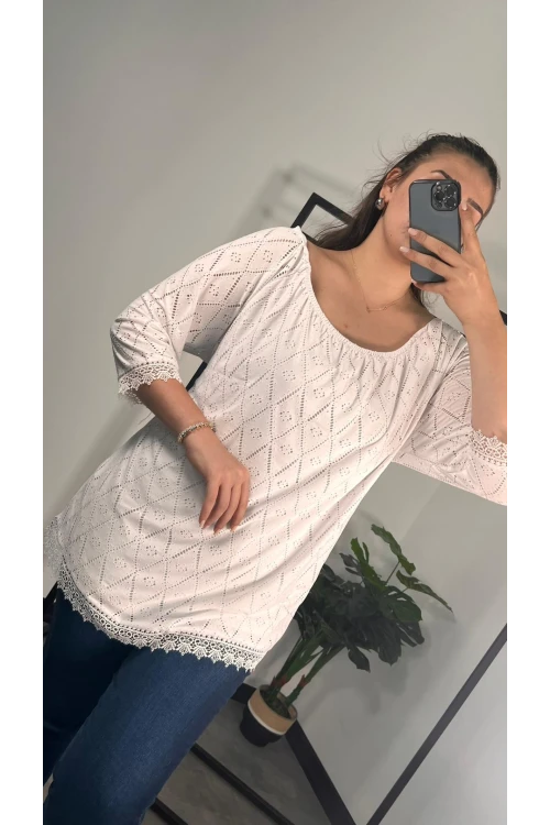 Büyük Beden Bisiklet Yaka Dantel Detaylı Fakir Bol Bluz 301195