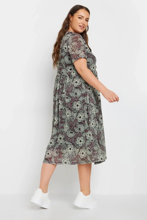 Büyük Beden Bisiklet Yaka İçi Astarlı Desenli Midi Boy Tül Elbise 137991