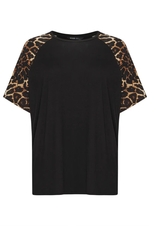 Büyük Beden Bisiklet Yaka Kısa Kolları Leopar Desenli T-Shirt 322115