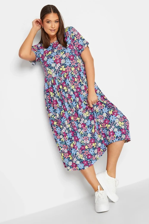 Büyük Beden Bisiklet Yaka Kısa Kollu Desenli Midi Boy Elbise 302377