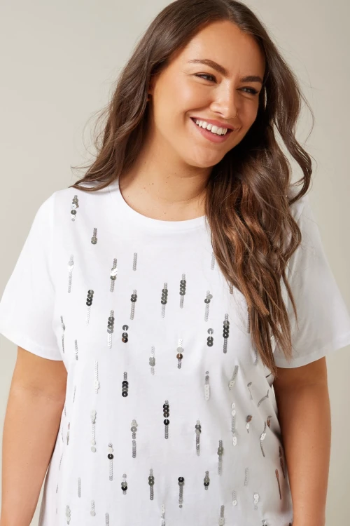 Büyük Beden Bisiklet Yaka Payet Süslemeli Kısa Kollu T-shirt 615558