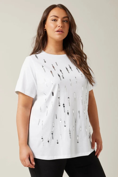 Büyük Beden Bisiklet Yaka Payet Süslemeli Kısa Kollu T-shirt 615558