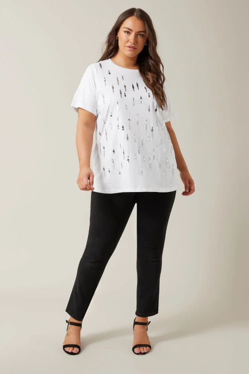 Büyük Beden Bisiklet Yaka Payet Süslemeli Kısa Kollu T-shirt 615558