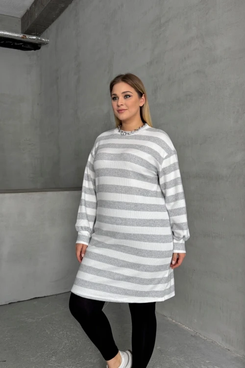 Büyük Beden Bisiklet Yaka Uzun Kollu Bileği Lastikli Çizgili Elbise 303063