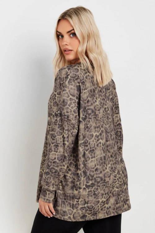 Büyük Beden Bisiklet Yaka Uzun Kollu Leopar Desenli Bluz 322185