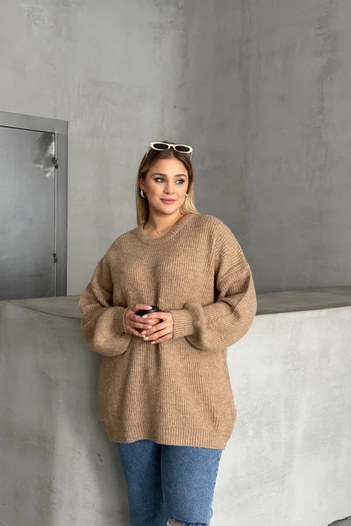 Büyük Beden Bisiklet Yaka Uzun Kollu Triko Kazak 302343