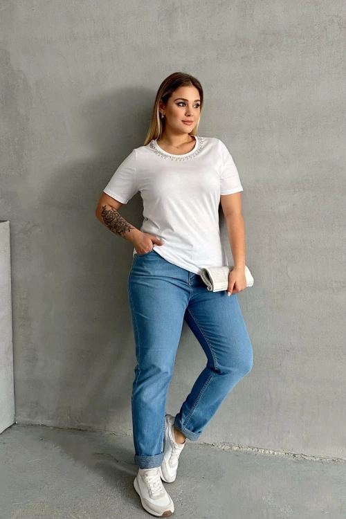 Büyük Beden Bisiklet Yaka Yakası Taş Detaylı Basic T-shirt SD-1064