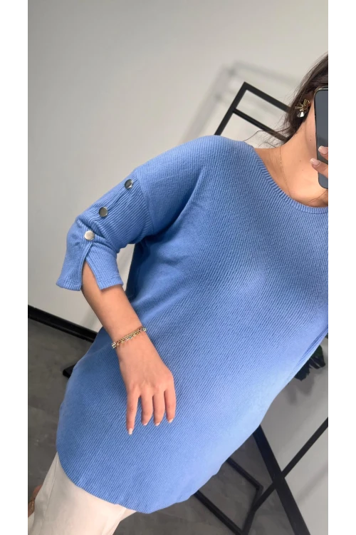 Büyük Beden Bisiklet Yaka Yarım Kollu Düğme Detaylı Bluz 301597