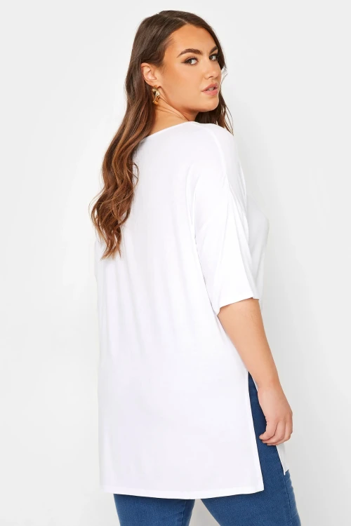 Büyük Beden Bisiklet Yaka Yarım Kollu Yırtmaç Detaylı Uzun Kesim T-shirt 191929
