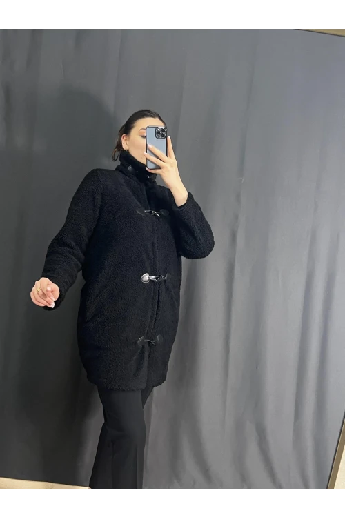 Büyük Beden Boğazlı Önü Kapamalı Cepli Peluş Kaban 302660