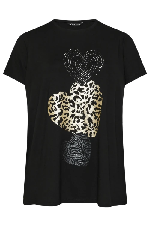 Büyük Beden Desen ve Taş Kalp İşlemeli Kısa Kollu T-Shirt 322118