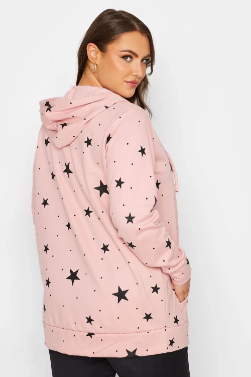 Büyük Beden Kapüşonlu Cepli Yıldız Desenli Fermuarlı Sweatshirt 300165