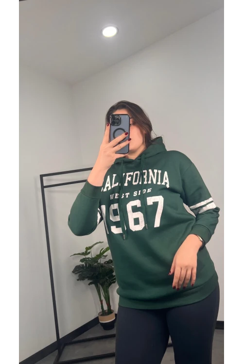 Büyük Beden Kapüşonlu Uzun Kollu Baskılı Sweatshirt 301126