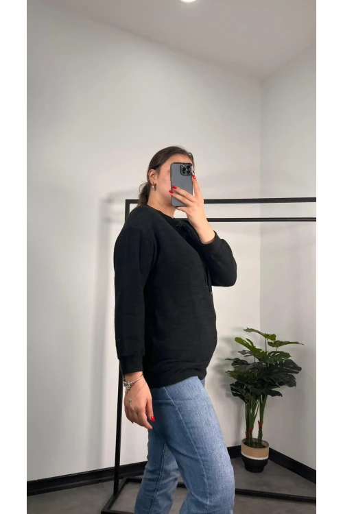 Büyük Beden Kapüşonsuz Yakası Bağcıklı Uzun Kollu Sweatshirt 301520