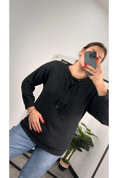 Büyük Beden Kapüşonsuz Yakası Bağcıklı Uzun Kollu Sweatshirt 301520