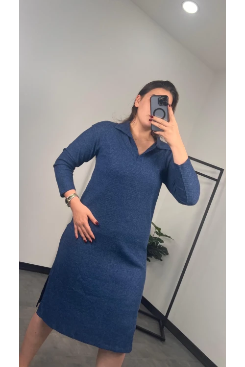Büyük Beden Polo Yaka Yırtmaç Detaylı Midi Boy Triko Elbise 301514