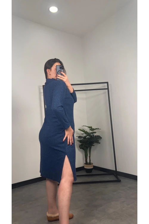 Büyük Beden Polo Yaka Yırtmaç Detaylı Midi Boy Triko Elbise 301514