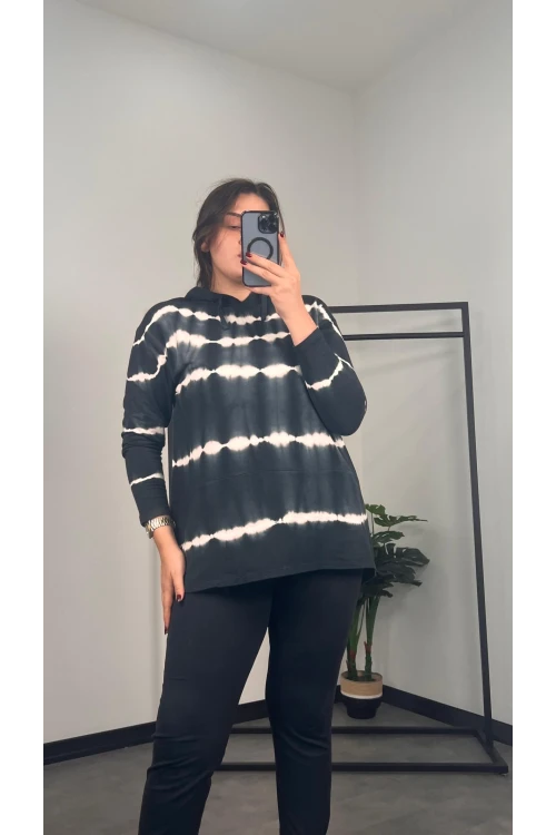 Büyük Beden Uzun Kollu Arkası Uzun Baskılı Kapüşonlu Sweatshirt 301588