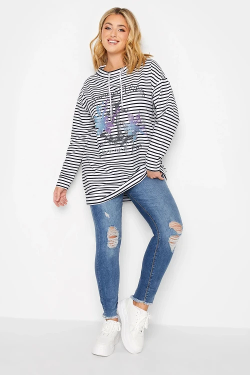 Büyük Beden Uzun Kollu Çizgili Çapa Baskılı Sweatshirt 301683