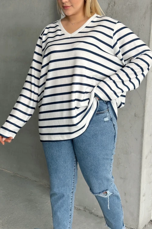 Büyük Beden Uzun Kollu Çizgili Mevsimlik T-shirt SD-1063