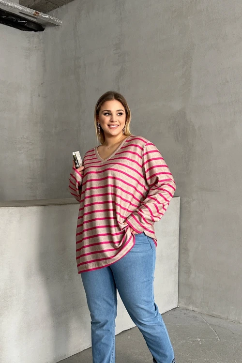 Büyük Beden Uzun Kollu Çizgili Mevsimlik T-shirt SD-1063