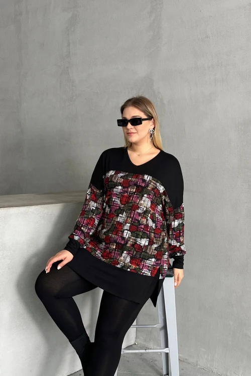 Büyük Beden V Yaka Uzun Kollu Desenli Likralı Bluz 303363