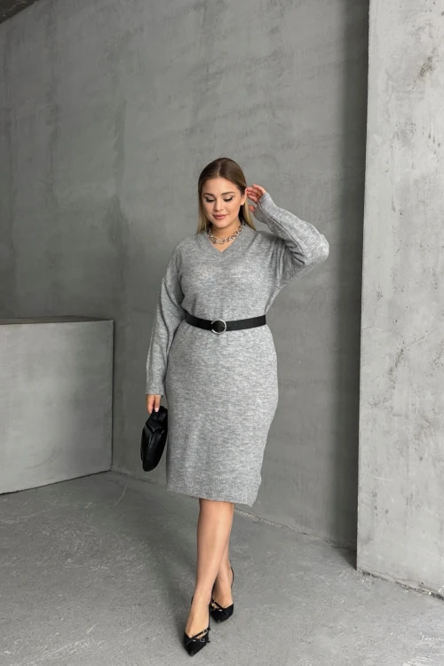 Büyük Beden V Yaka Uzun Kollu Örme Kazak Elbise 302335