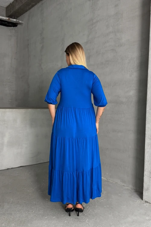 Büyük Beden V Yaka Yarım Kollu Beli Lastikli Uzun Elbise 302149