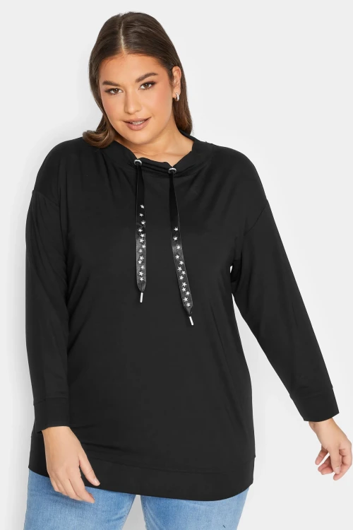 Büyük Beden Yıldız İşlemeli İpli Yaka Uzun Kesim Sweatshirt 301642