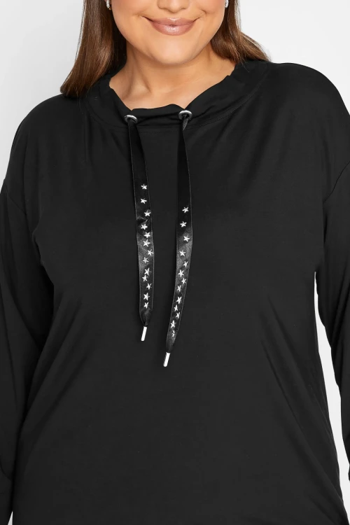 Büyük Beden Yıldız İşlemeli İpli Yaka Uzun Kesim Sweatshirt 301642