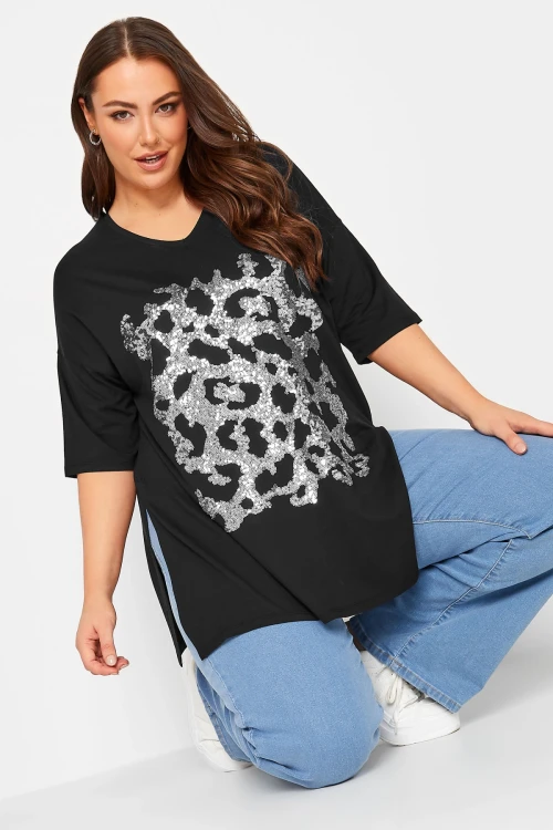 Büyük Beden Yırtmaç Detaylı Payetli T-shirt 302086