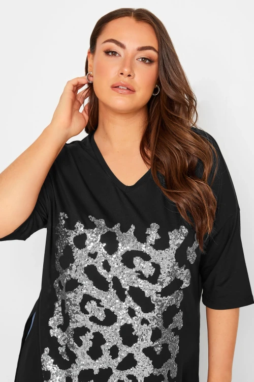 Büyük Beden Yırtmaç Detaylı Payetli T-shirt 302086