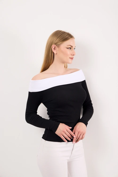 Carmen Yaka Uzun Kollu Düşük Omuz Detaylı Fitilli Bluz