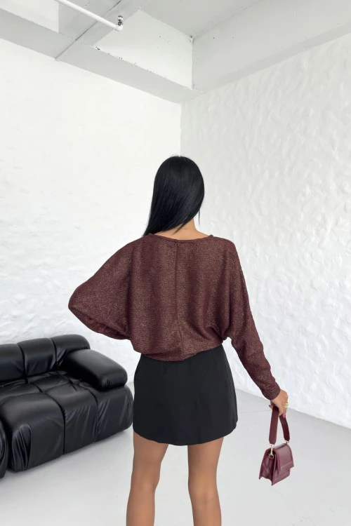 Geniş Bisiklet Yaka Yarasa Kol Sim Detaylı Uzun Kollu Bluz 12402708