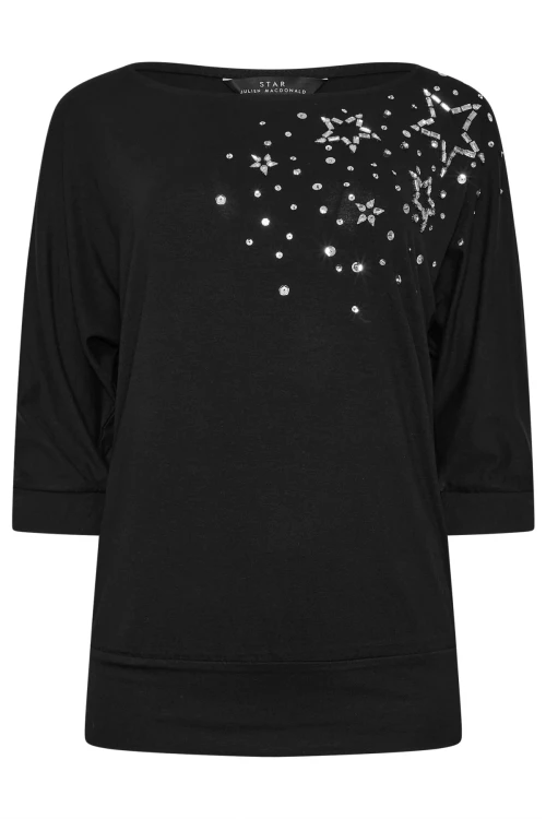 Geniş Bisiklet Yaka Yarım Kollu Yıldız Taş İşlemeli Beli Lastikli Bluz 110695