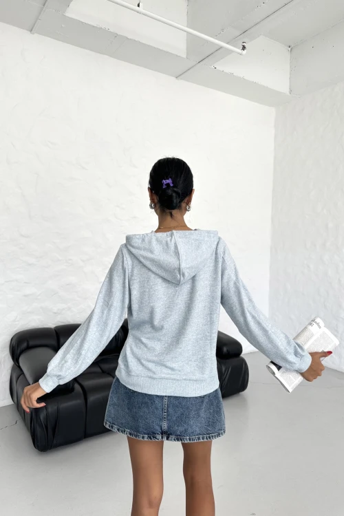 Kapüşonlu İnce Polar Görünümlü Bol Kalıp Uzun Kollu Sweatshirt 12462