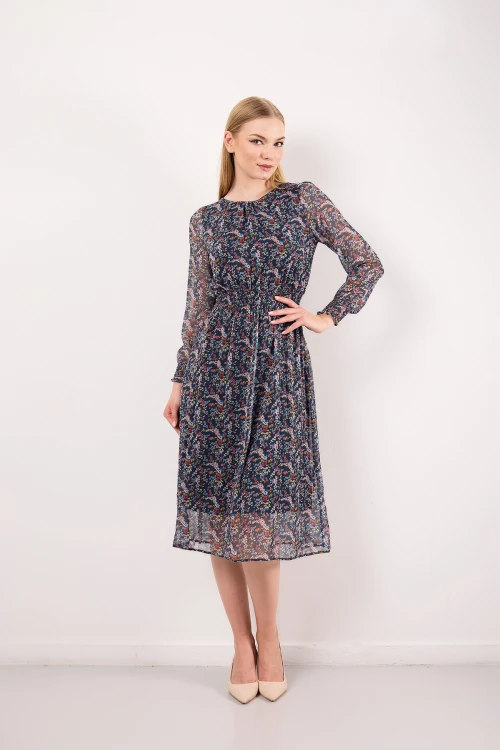 Kolları Tül Detaylı Beli Lastikli İçi Astarlı Çiçek Desenli Midi Boy Elbise