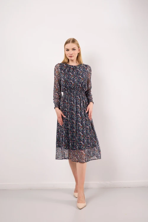 Kolları Tül Detaylı Beli Lastikli İçi Astarlı Çiçek Desenli Midi Boy Elbise