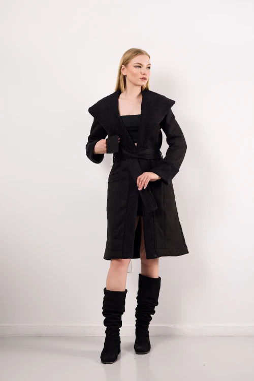 Kürk Detaylı Önü Klipsli Cepli Kemerli Uzun Kesim Kaban