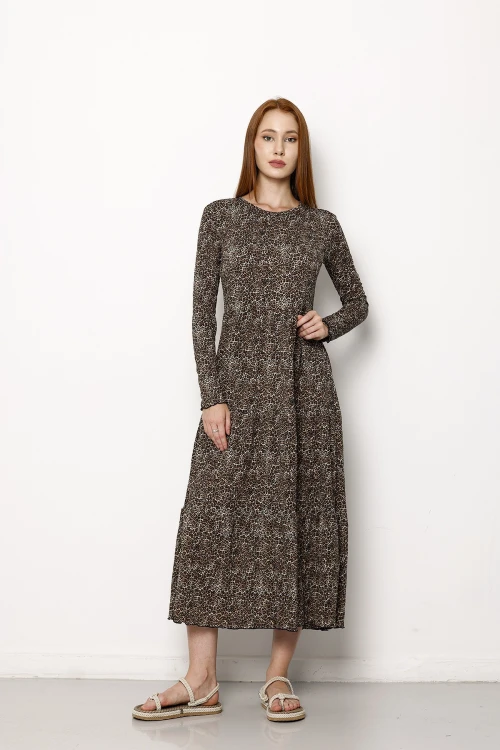 Leopar Desenli Uzun Kollu Bisiklet Yaka Midi Boy Elbise