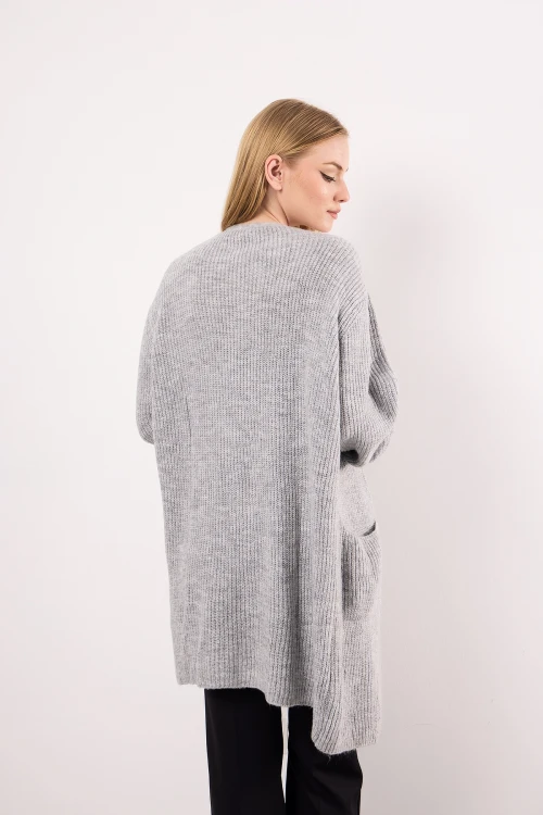 Midi Boy Uzun Kollu Önü Düğmesiz Cepli Triko Örme Hırka