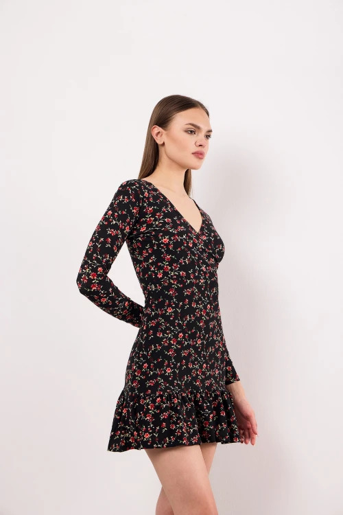 V Yaka Uzun Kollu Eteği Fırfırlı Çiçek Desenli Mini Elbise