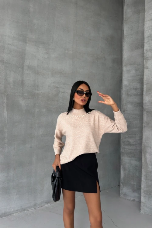 Yarım Balıkçı Yaka Boncuk Detaylı Uzun Kollu Polar Sweatshirt IZ370